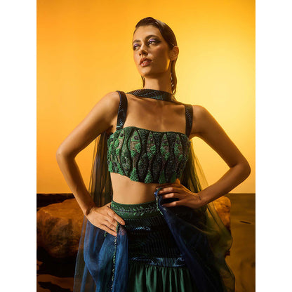 Asaaye Green Grass Bound Fish Lehenga with Blouse and Dupatta