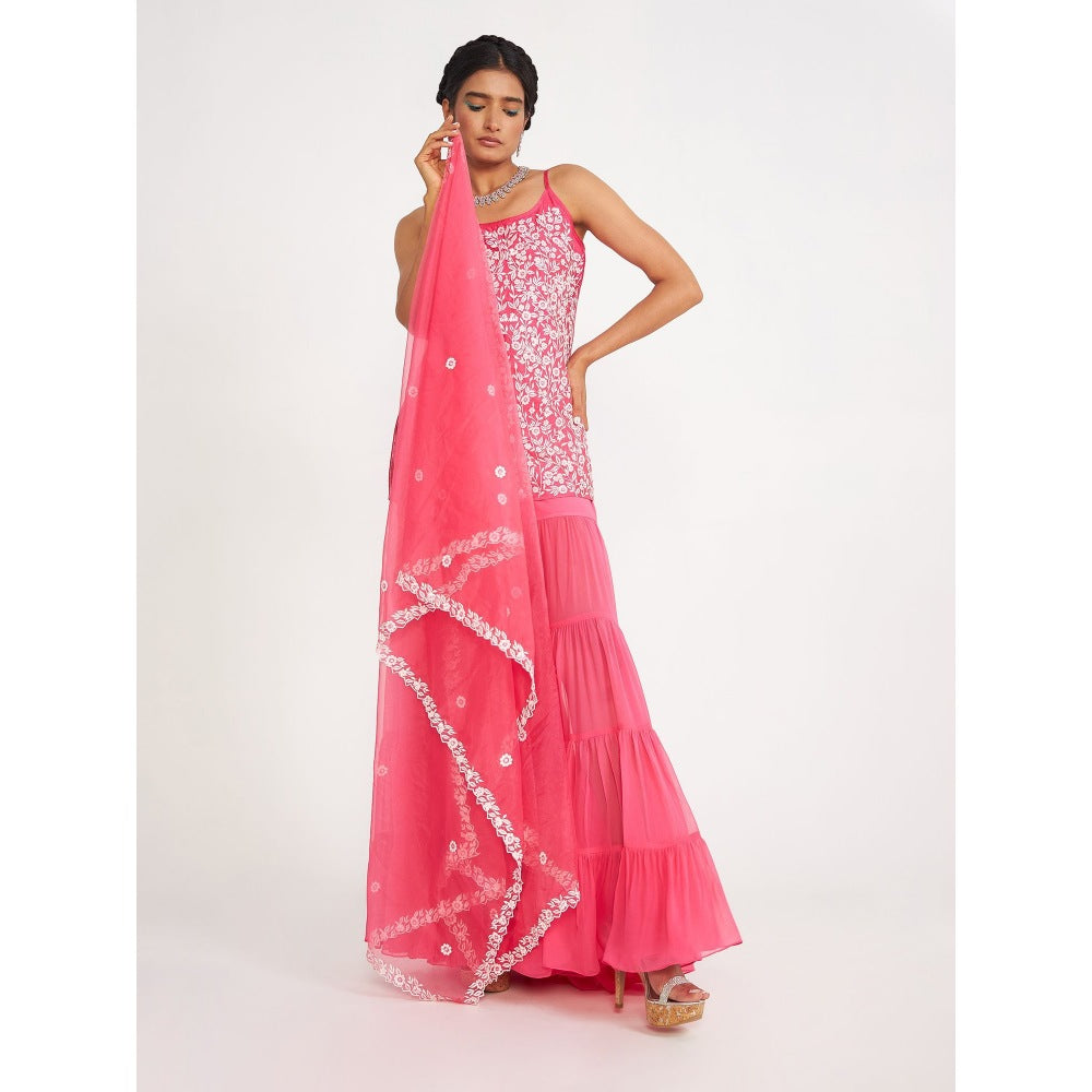 Asaga Clover Candy Pink Embroidered Kurti with Sharara and Organza Dupatta (Set of 3)