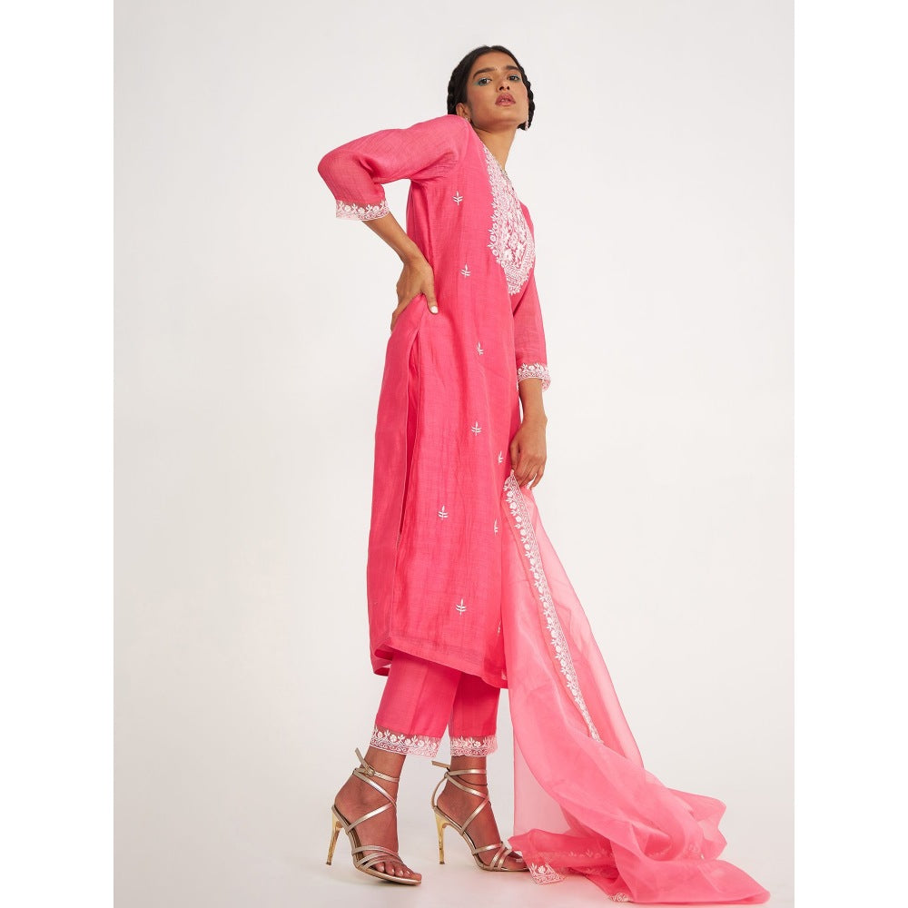 Asaga Nova Candy Pink Embroidered Kurta with Pants and Organza Dupatta (Set of 3)
