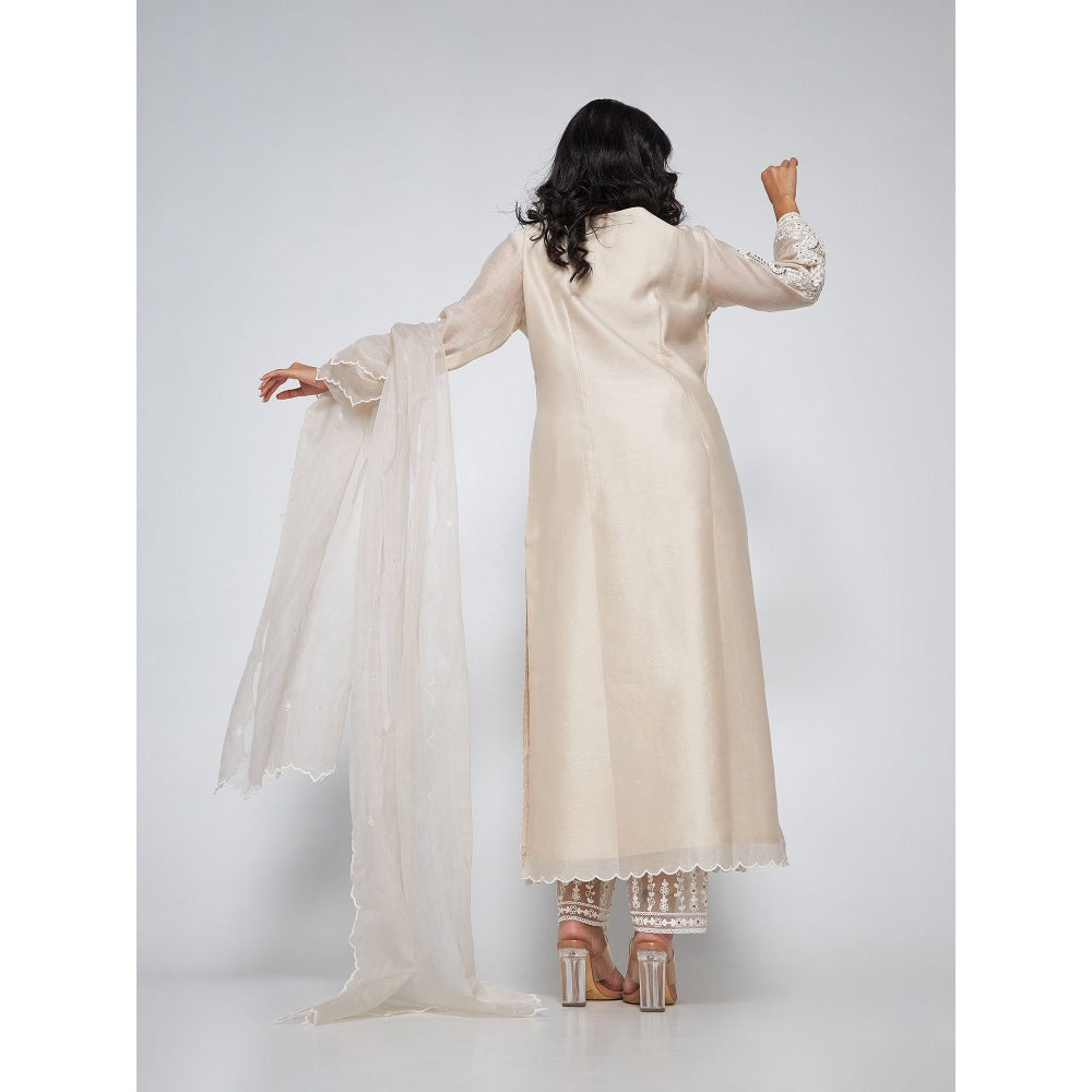 Asaga Stella Off Silver Chanderi Embroidered Kurta with Pants and Organza Dupatta (Set of 3)