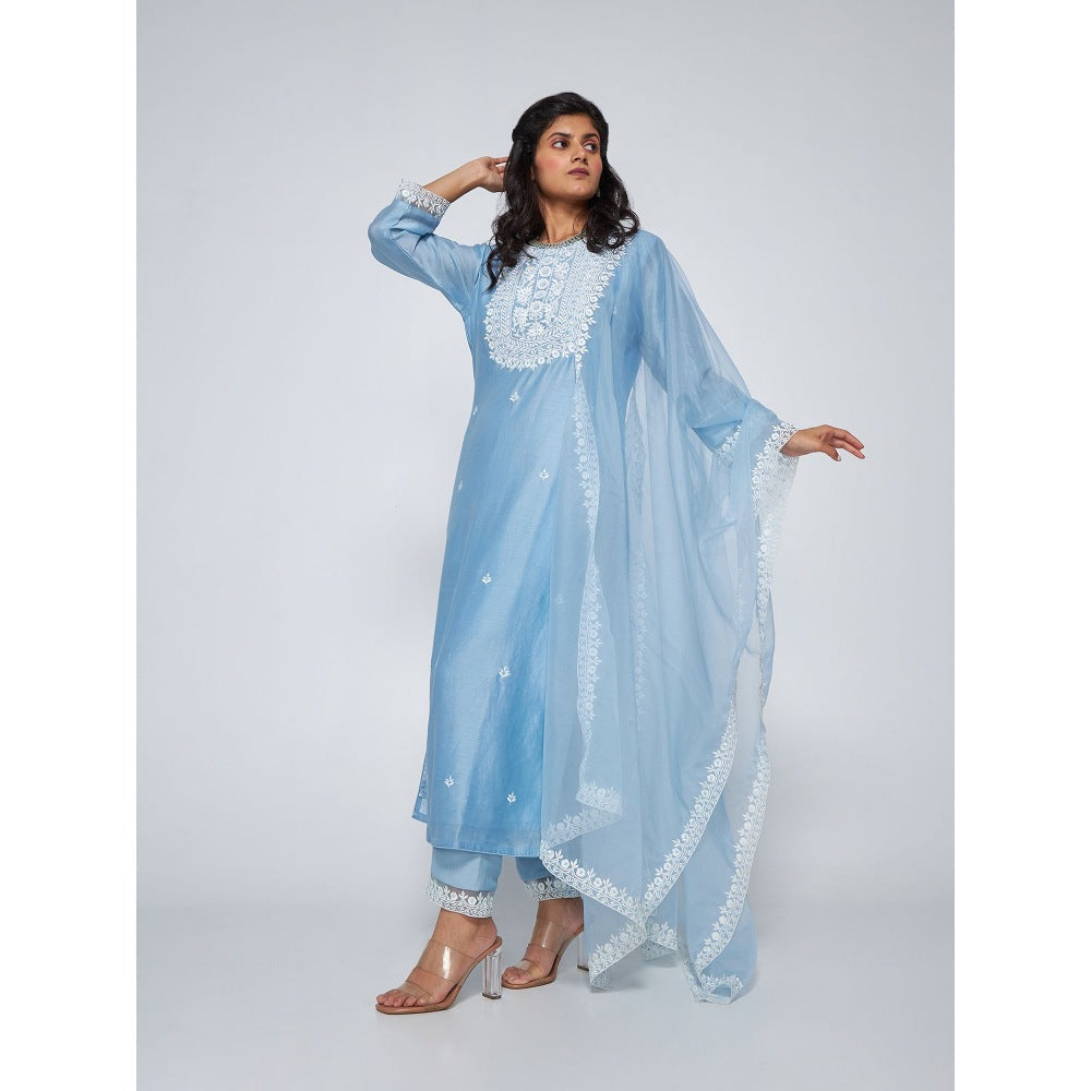 Asaga Bella Baby Blue Chanderi Embroidered Kurta with Pants and Organza Dupatta (Set of 3)