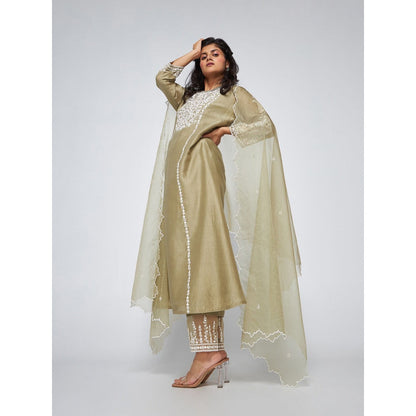 Asaga Caily Mud Chanderi Embroidered Kurta with Pants and Organza Dupatta (Set of 3)