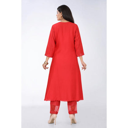 Asaga Red Embroidered Kurta and Pants Paired with Organza Dupatta (Set of 3)