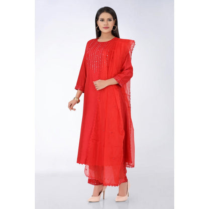 Asaga Red Embroidered Kurta and Pants Paired with Organza Dupatta (Set of 3)