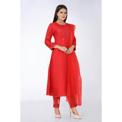 Asaga Red Embroidered Kurta and Pants Paired with Organza Dupatta (Set of 3)