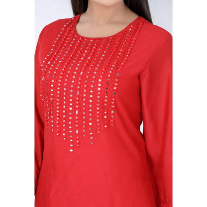 Asaga Red Embroidered Kurta and Pants Paired with Organza Dupatta (Set of 3)