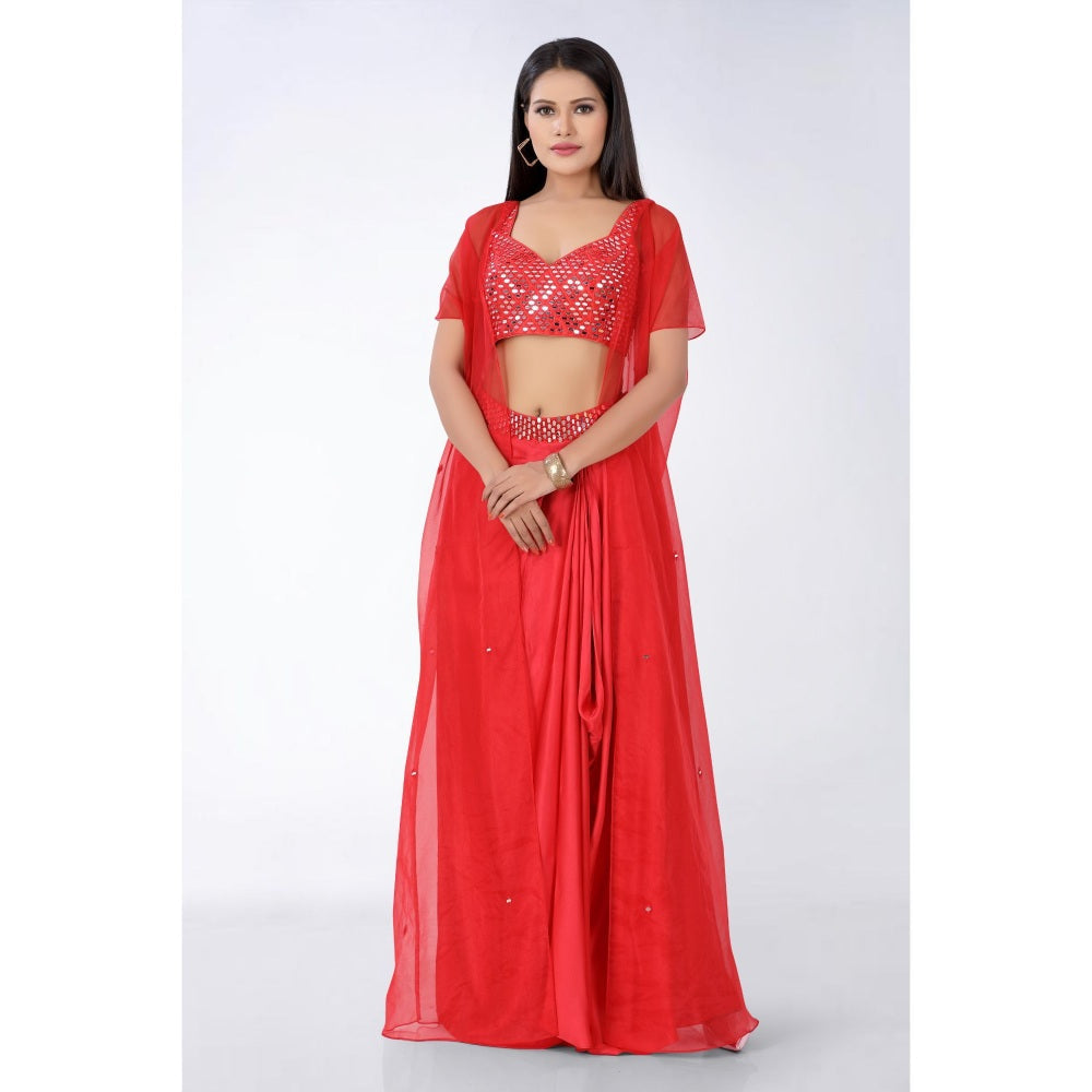 Asaga Red Embroidered Silk Stitched Blouse and Drape Skirt with Organza Jacket (Set of 3)