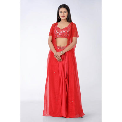 Asaga Red Embroidered Silk Stitched Blouse and Drape Skirt with Organza Jacket (Set of 3)