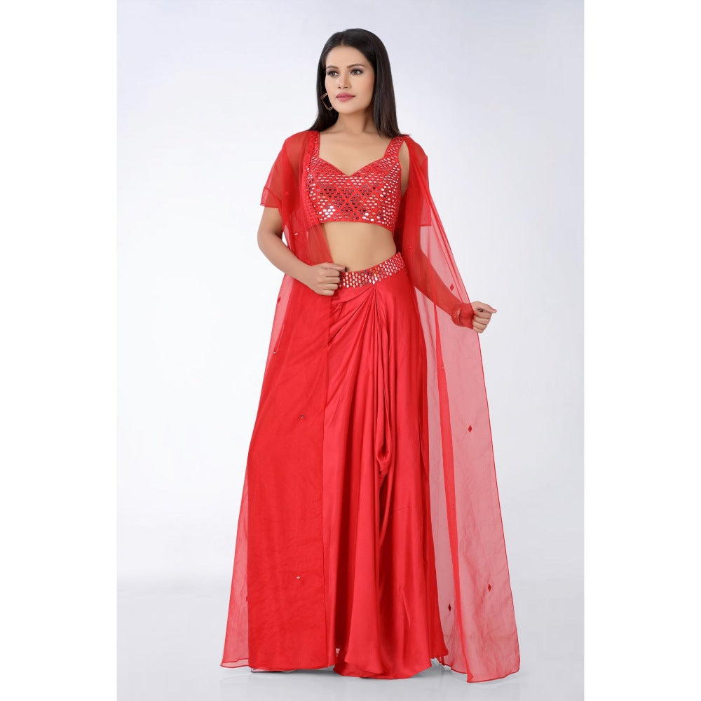 Asaga Red Embroidered Silk Stitched Blouse and Drape Skirt with Organza Jacket (Set of 3)