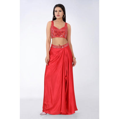 Asaga Red Embroidered Silk Stitched Blouse and Drape Skirt with Organza Jacket (Set of 3)
