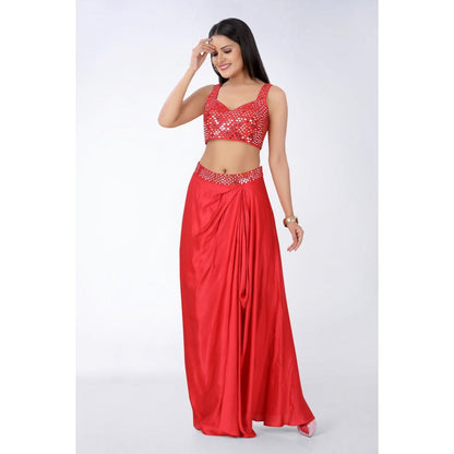 Asaga Red Embroidered Silk Stitched Blouse and Drape Skirt with Organza Jacket (Set of 3)