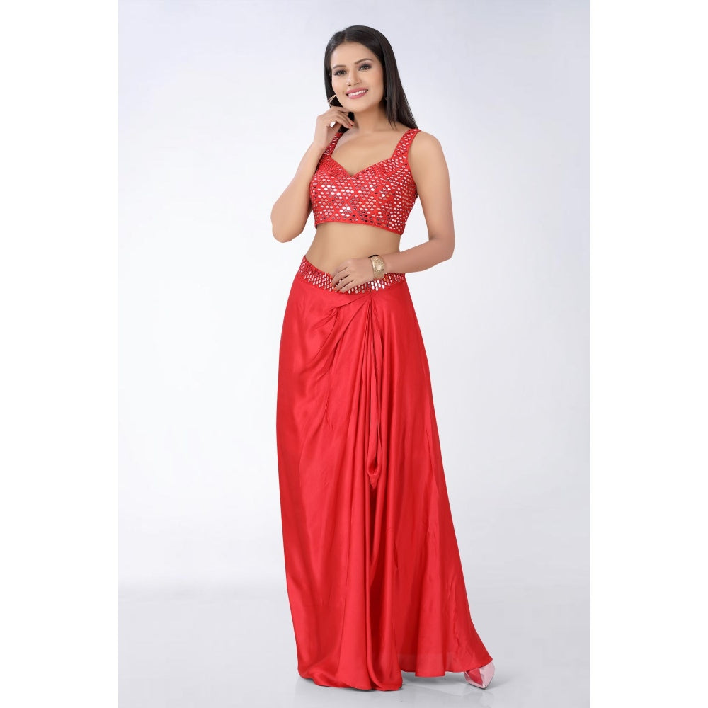 Asaga Red Embroidered Silk Stitched Blouse and Drape Skirt with Organza Jacket (Set of 3)