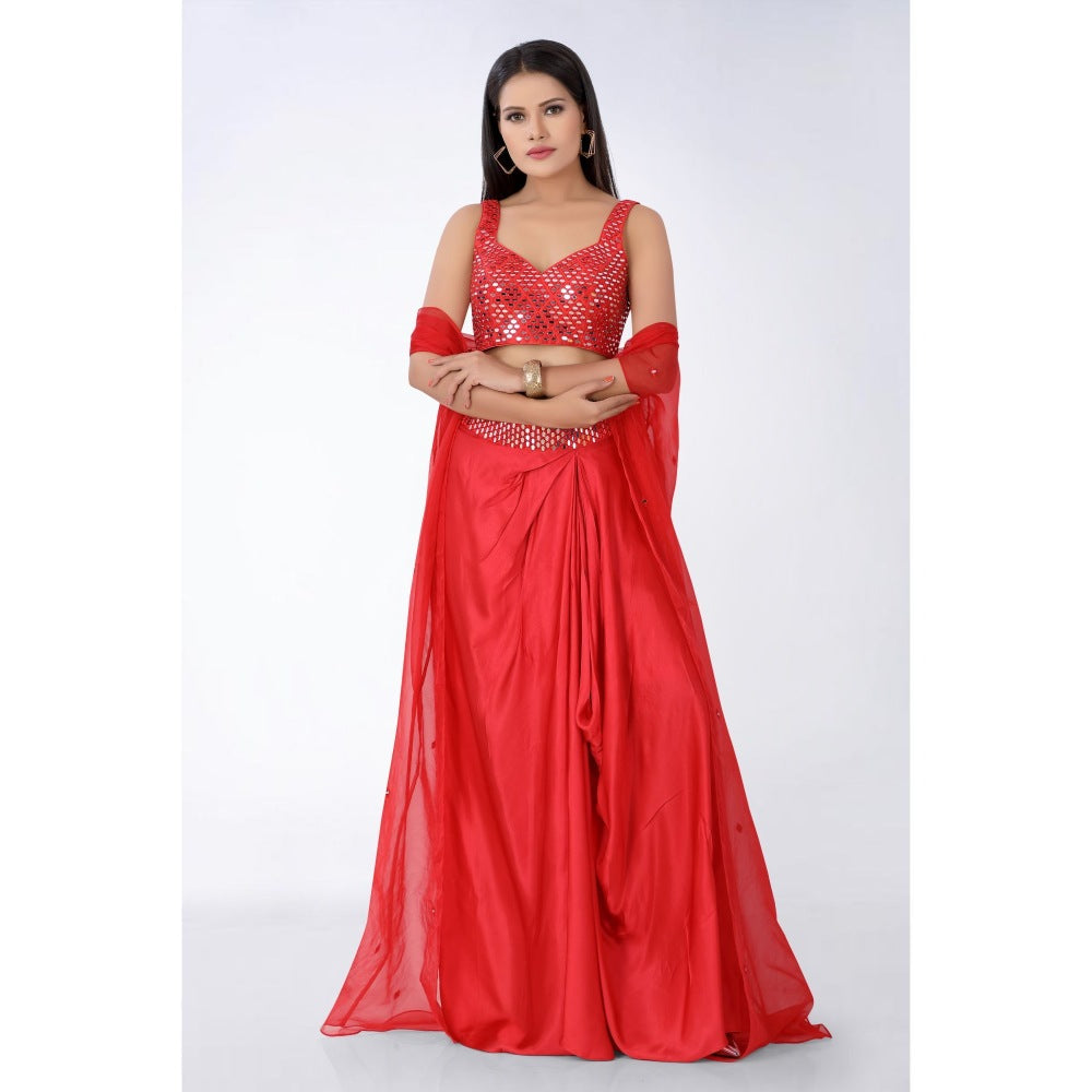 Asaga Red Embroidered Silk Stitched Blouse and Drape Skirt with Organza Jacket (Set of 3)
