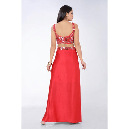 Asaga Red Embroidered Silk Stitched Blouse and Drape Skirt with Organza Jacket (Set of 3)