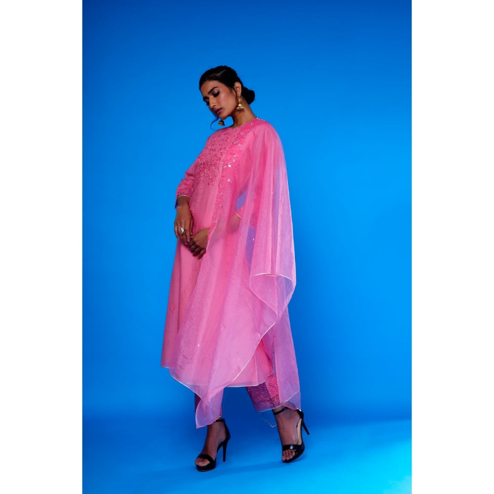 Asaga Baby Pink Embroidered Kurta with Pants and Organza Embroidered Dupatta (Set of 3)