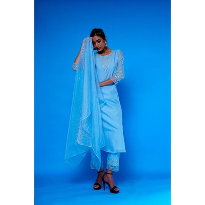 Asaga Blue Embroidered Kurta with Pants and Organza Dupatta (Set of 3)