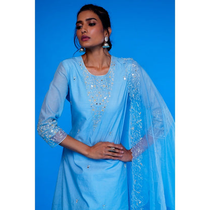 Asaga Blue Embroidered Kurta with Pants and Organza Dupatta (Set of 3)