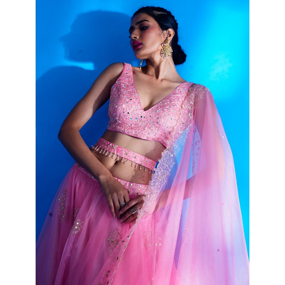 Asaga Baby Pink Embroidered Stitched Blouse- Lehenga and Dupatta with Belt (Set of 4)