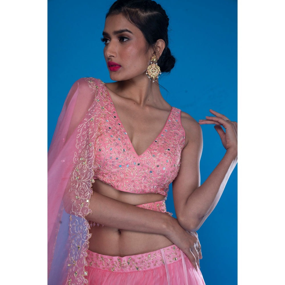 Asaga Baby Pink Embroidered Stitched Blouse- Lehenga and Dupatta with Belt (Set of 4)