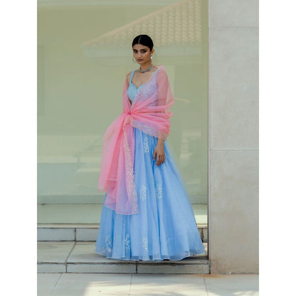 Asaga Baby Blue Embroidered Stitched Blouse with Lehenga and Dupatta (Set of 3)