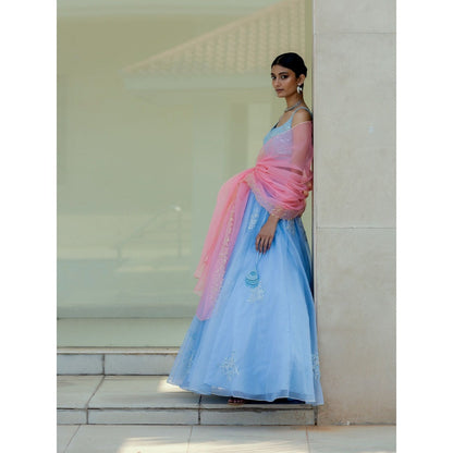 Asaga Baby Blue Embroidered Stitched Blouse with Lehenga and Dupatta (Set of 3)