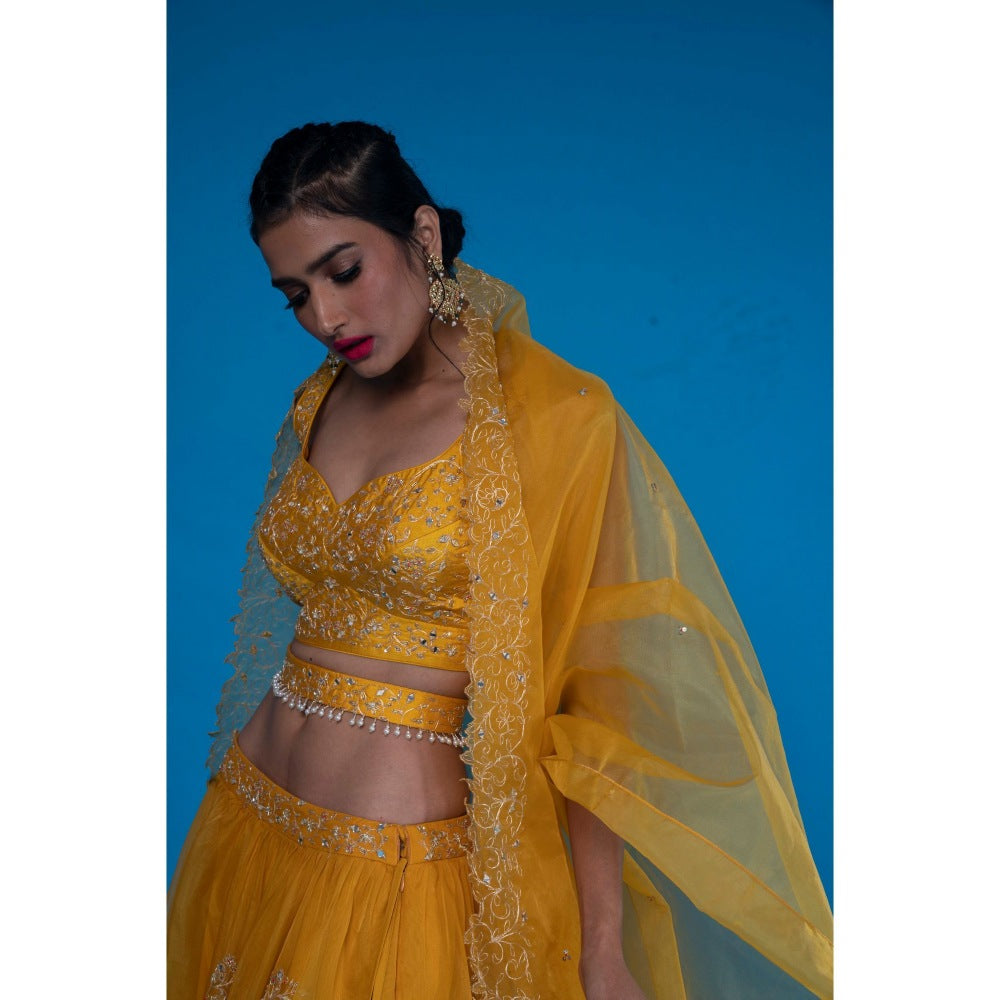 Asaga Mustard Embroidered Stitched Blouse- Lehenga Paired with Dupatta and Belt (Set of 4)