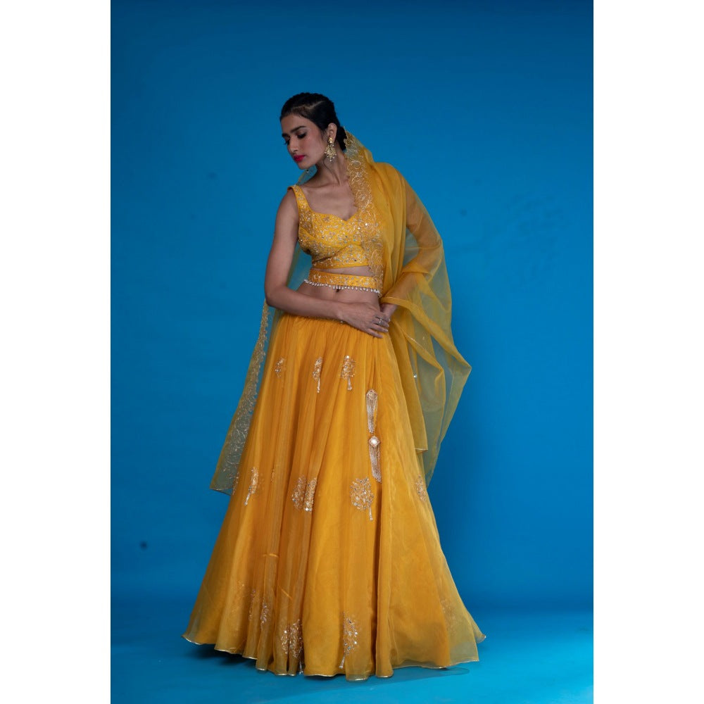 Asaga Mustard Embroidered Stitched Blouse- Lehenga Paired with Dupatta and Belt (Set of 4)