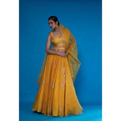 Asaga Mustard Embroidered Stitched Blouse- Lehenga Paired with Dupatta and Belt (Set of 4)
