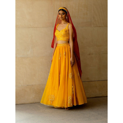 Asaga Mustard Embroidered Stitched Blouse- Lehenga Paired with Dupatta and Belt (Set of 4)