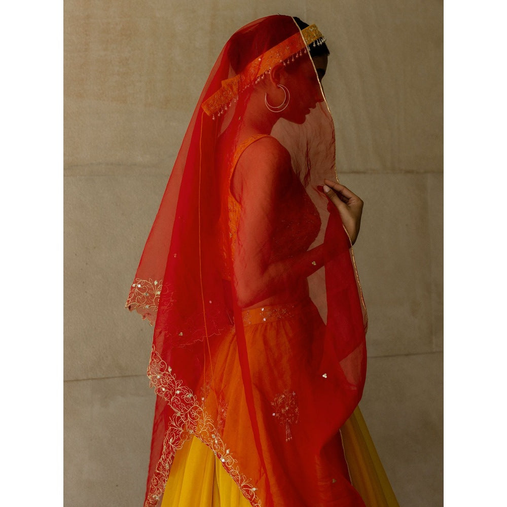 Asaga Mustard Embroidered Stitched Blouse- Lehenga Paired with Dupatta and Belt (Set of 4)