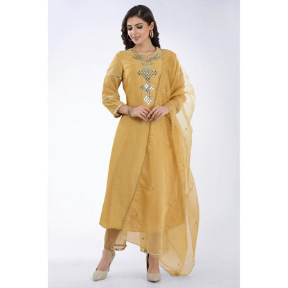 Asaga Sunheri Gold Embroidered Silk Kurta with Pants and Organza Dupatta (Set of 3)