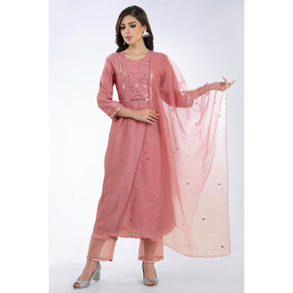Asaga Rizvi Onion Pink Embroidered Kurta with Pants and Organza Dupatta (Set of 3)