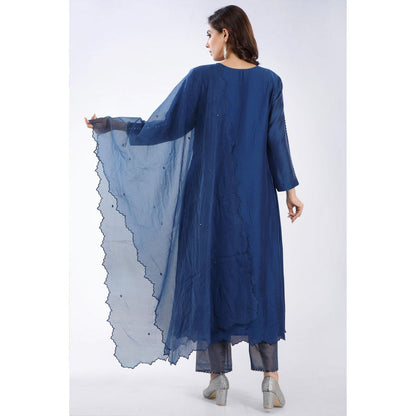 Asaga Neel Navy Blue Embroidered Chanderi Kurta with Pants and Organza Dupatta (Set of 3)