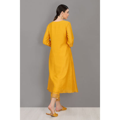 Asaga Asma Mustard Embroidered Chanderi Silk Kurta with Pants and Organza Dupatta (Set of 3)