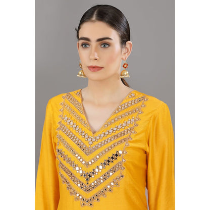 Asaga Asma Mustard Embroidered Chanderi Silk Kurta with Pants and Organza Dupatta (Set of 3)