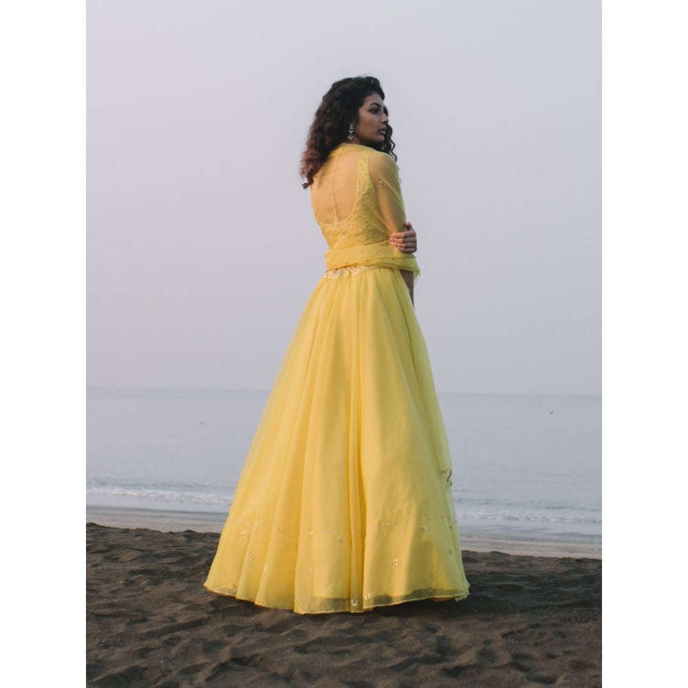 Asaga Lemon Embroidered Stitched Blouse-Lehenga with Organza Dupatta and Belt (Set of 4)