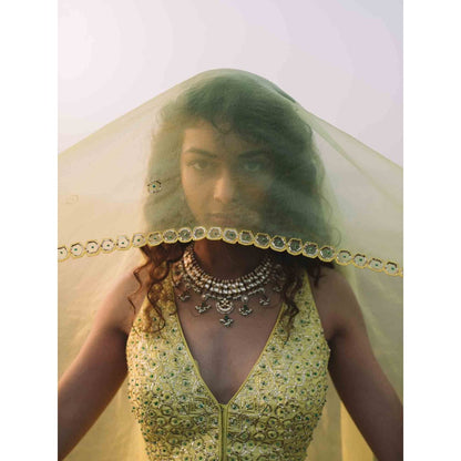 Asaga Lemon Embroidered Stitched Blouse-Lehenga with Organza Dupatta and Belt (Set of 4)