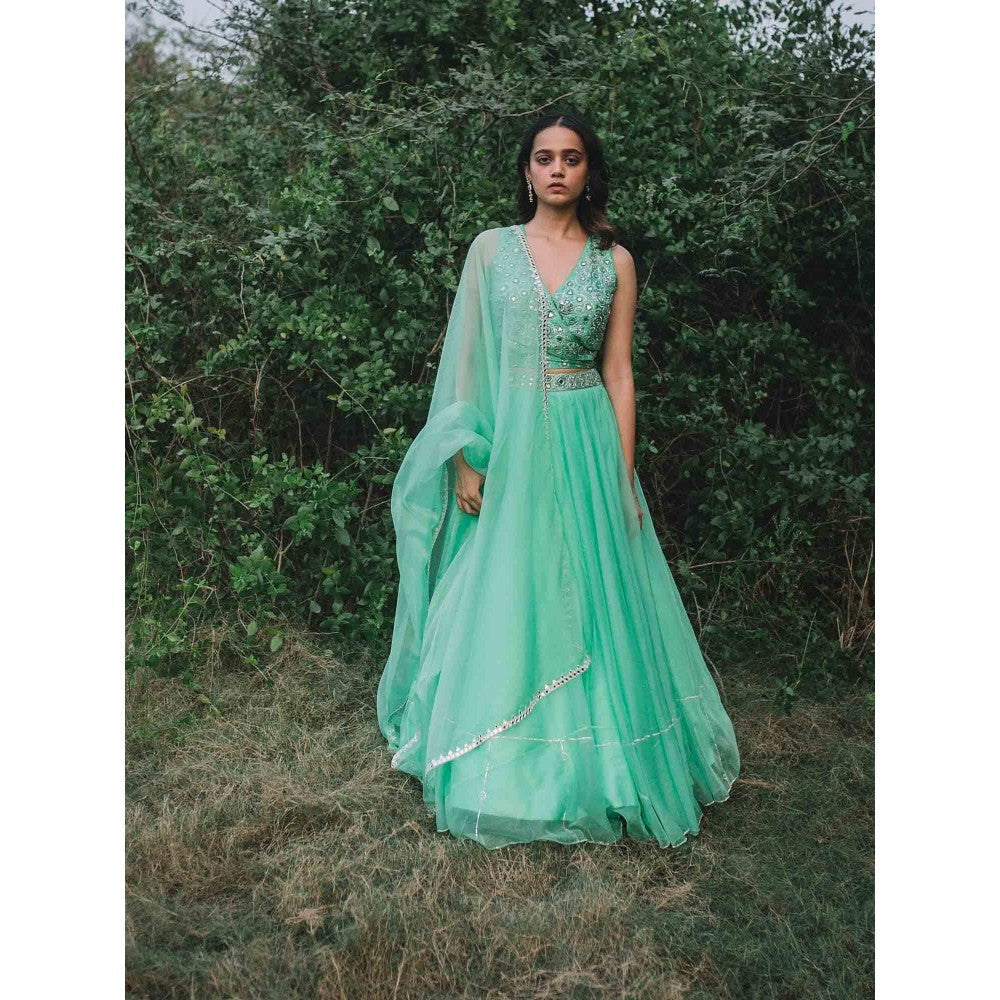 Asaga Mint Embroidered Stitched Blouse and Lehenga Paired with Organza Dupatta (Set of 3)