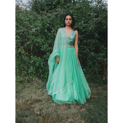 Asaga Mint Embroidered Stitched Blouse and Lehenga Paired with Organza Dupatta (Set of 3)