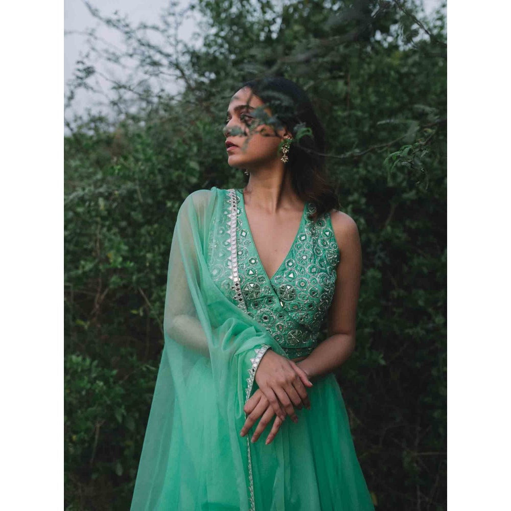 Asaga Mint Embroidered Stitched Blouse and Lehenga Paired with Organza Dupatta (Set of 3)