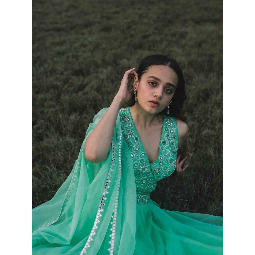 Asaga Mint Embroidered Stitched Blouse and Lehenga Paired with Organza Dupatta (Set of 3)