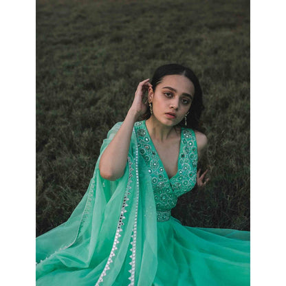 Asaga Mint Embroidered Stitched Blouse and Lehenga Paired with Organza Dupatta (Set of 3)
