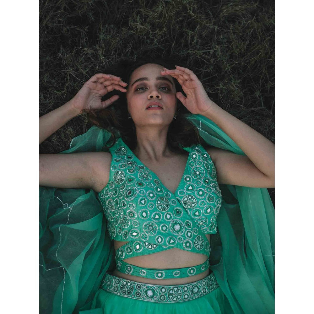 Asaga Mint Embroidered Stitched Blouse and Lehenga Paired with Organza Dupatta (Set of 3)