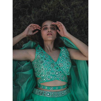 Asaga Mint Embroidered Stitched Blouse and Lehenga Paired with Organza Dupatta (Set of 3)