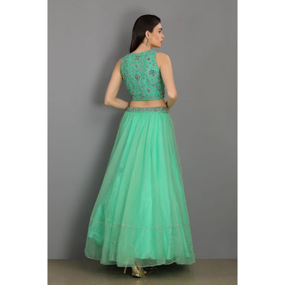 Asaga Mint Embroidered Stitched Blouse and Lehenga Paired with Organza Dupatta (Set of 3)