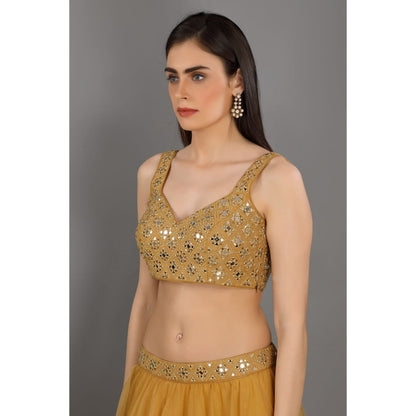Asaga Gold Embroidered Stitched Blouse- Lehenga Paired with Organza Dupatta (Set of 3)