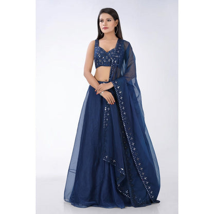 Asaga Navy Blue Embroidered Stitched Blouse- Lehenga with Organza Dupatta (Set of 3)