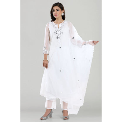 Asaga Saba White Mirror Embroidered Chanderi Kurta with Pants and Dupatta (Set of 3)
