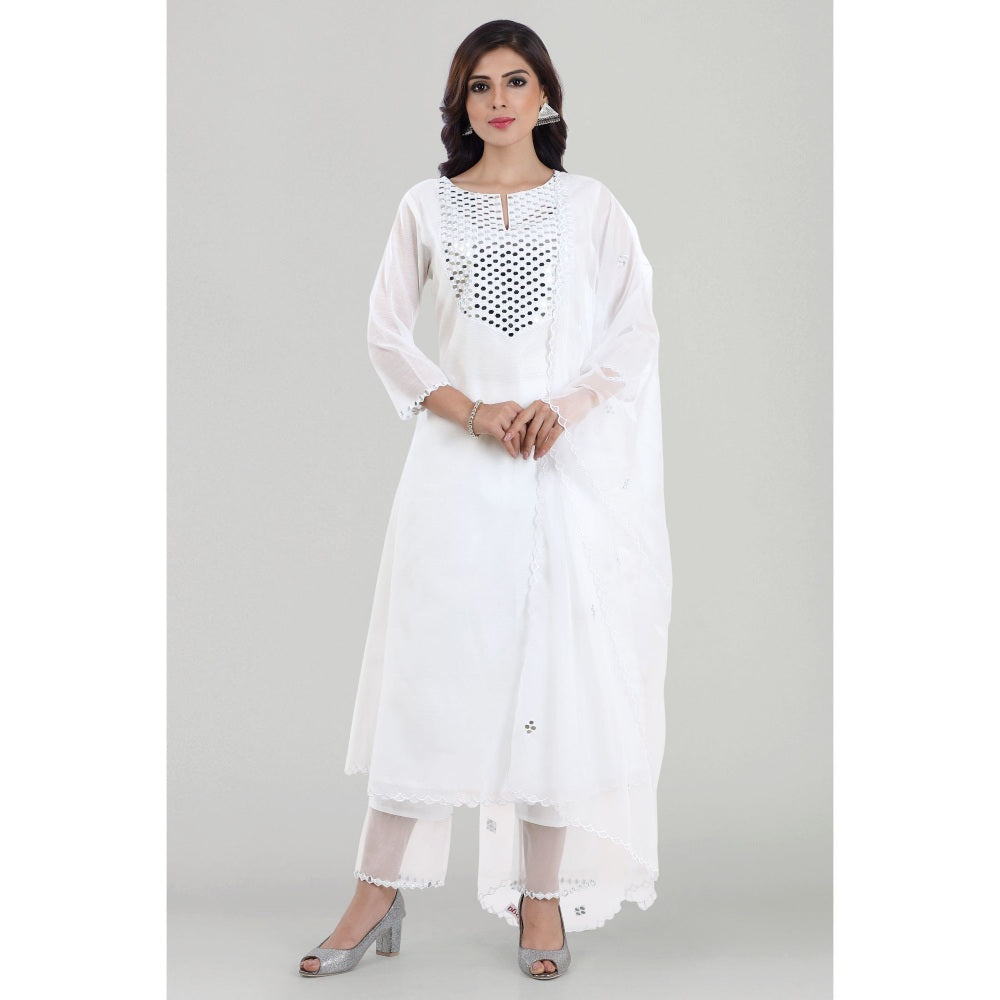 Asaga Sheesha White Mirror Embroidered Chanderi Kurta with Pants and Dupatta (Set of 3)