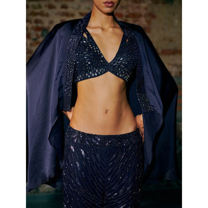 Asaga Navy Blue Sapphire Blouse with Pant and Cape (Set of 3)